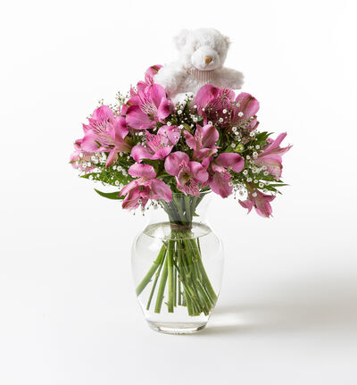 Rosa alstroemeriabukett med bamse Rosa alstroemeriabukett med bamse